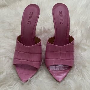 SCHUTZ Mauve Pink Croc-Embossed Pointed Toe Mule Sandals